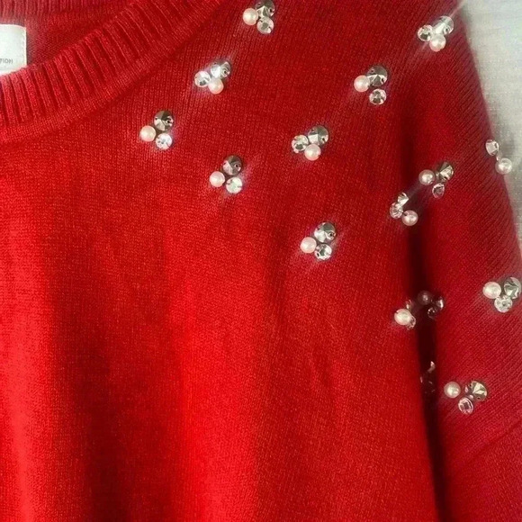 Red Women's Sweater with Pearl Embellishments - Picture 6 of 6